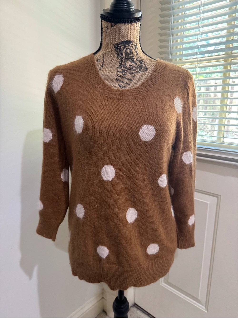 Polka Dot Crewneck Rabbit Hair / Nylon Sweater - Brown/off White size M